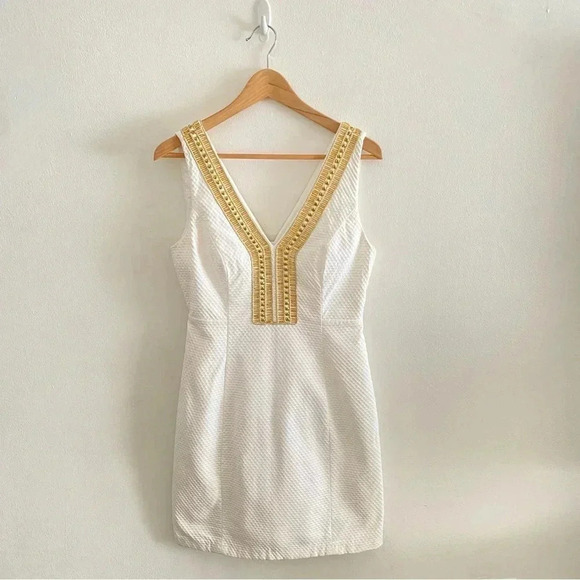 LILLY PULITZER White Gold Embellished Eliot Textured V-Neck Shift Dress Sz 4 - Picture 2 of 13